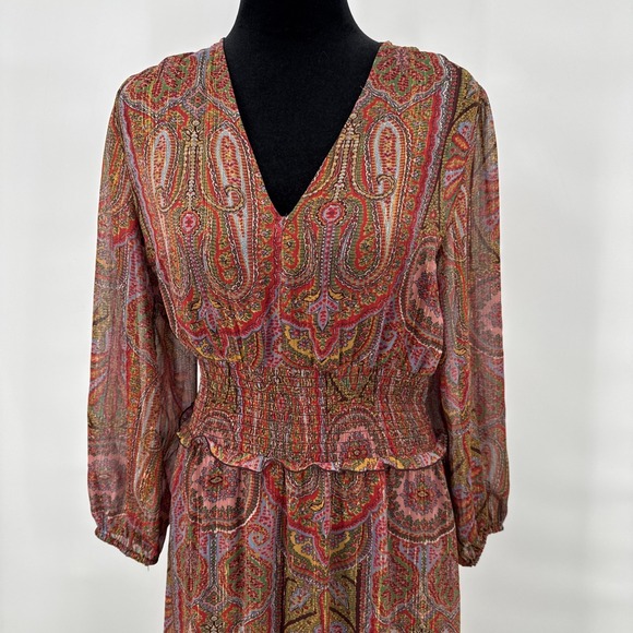Ann Taylor Shimmer Paisley Smocked Waist Maxi Dress Women's Size 6 Boho Peasant - Picture 1 of 11